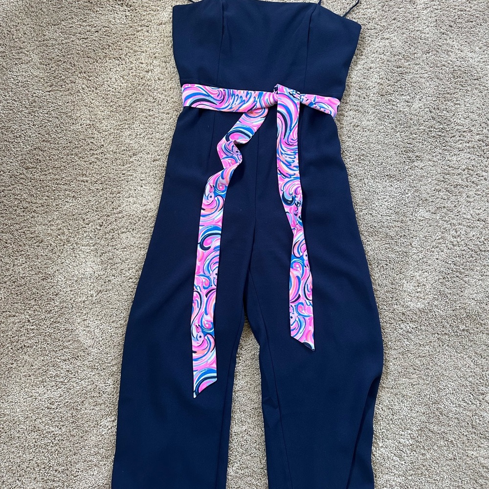 Lilly Pulitzer Navy Jumpsuit with Pink removable scarf belt